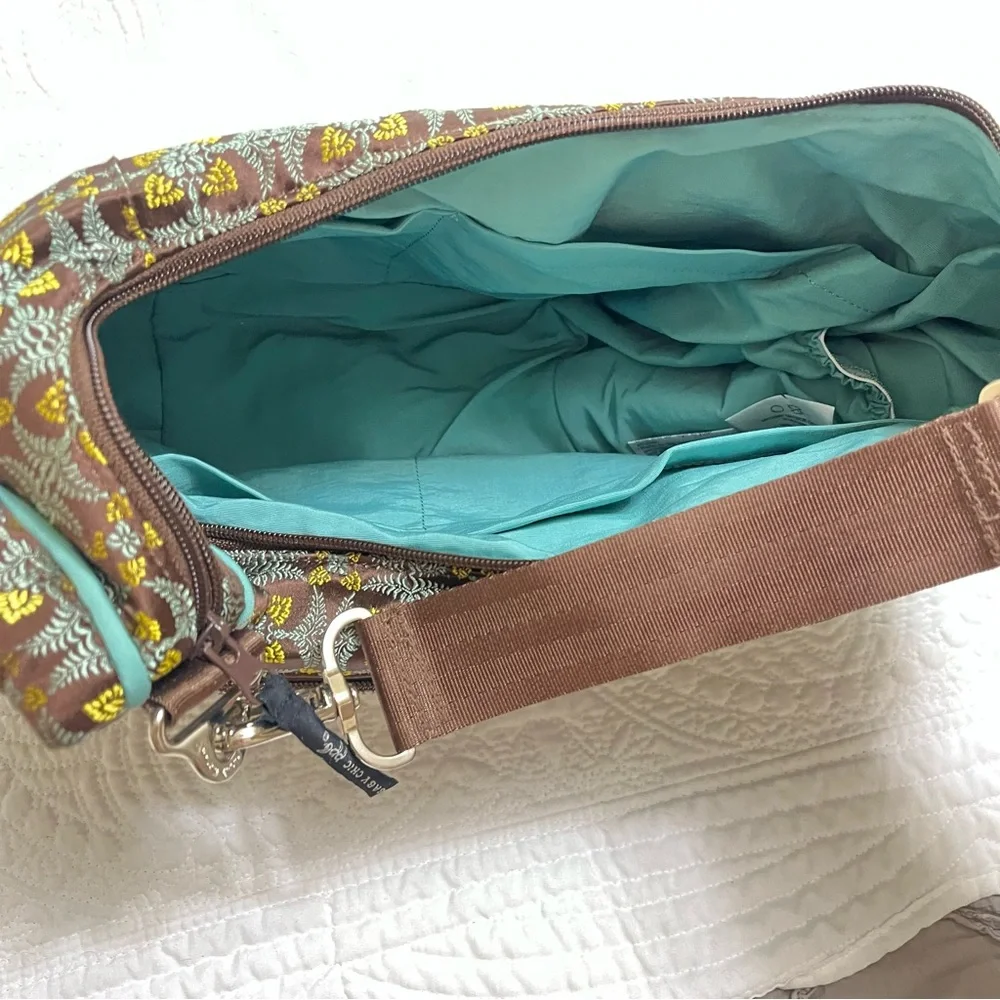 PETUNIA PICKLE BOTTOM Touring Tote Teal Brown Gold Brocade Accessories Included